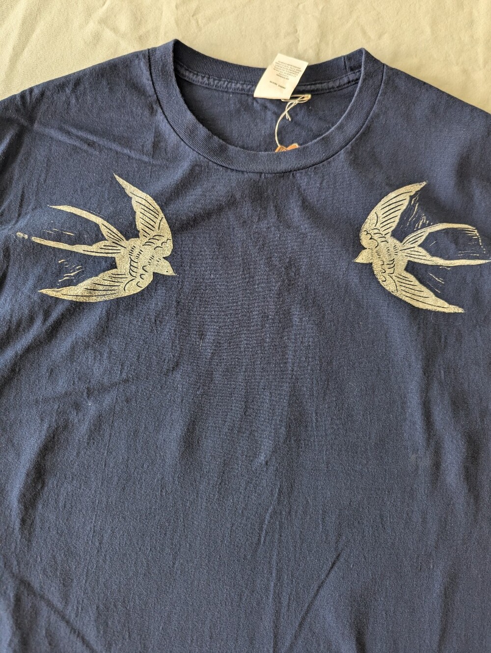Swallow Bird Block Printed Navy T-shirt - Picture 2 of 6